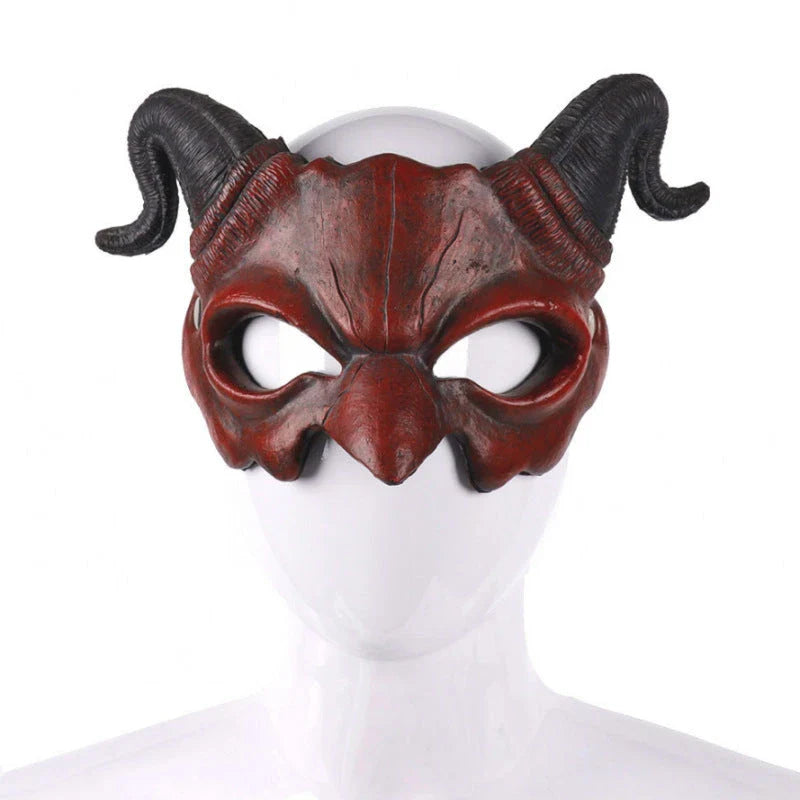 A chilling Halloween mask with long, twisted horns and a fearsome, ghostly expression, crafted from premium acrylic materials.