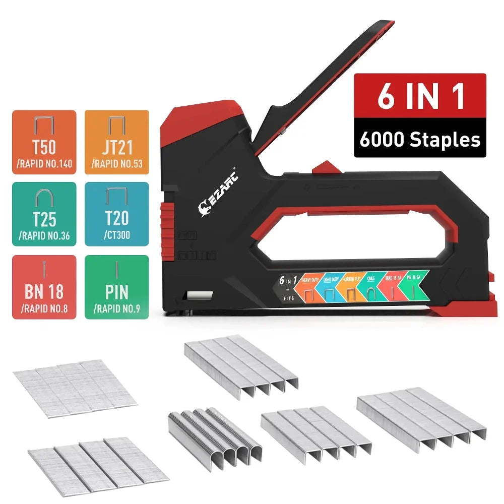 A heavy-duty manual staple gun with a black body and rubber grip, capable of driving multiple types of fasteners for a variety of DIY projects.