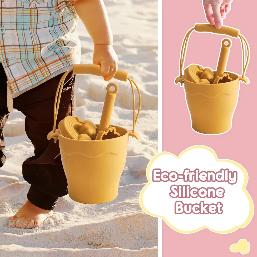Premium eco-friendly silicone beach playset with bucket, spades, and themed molds for children's creative outdoor play