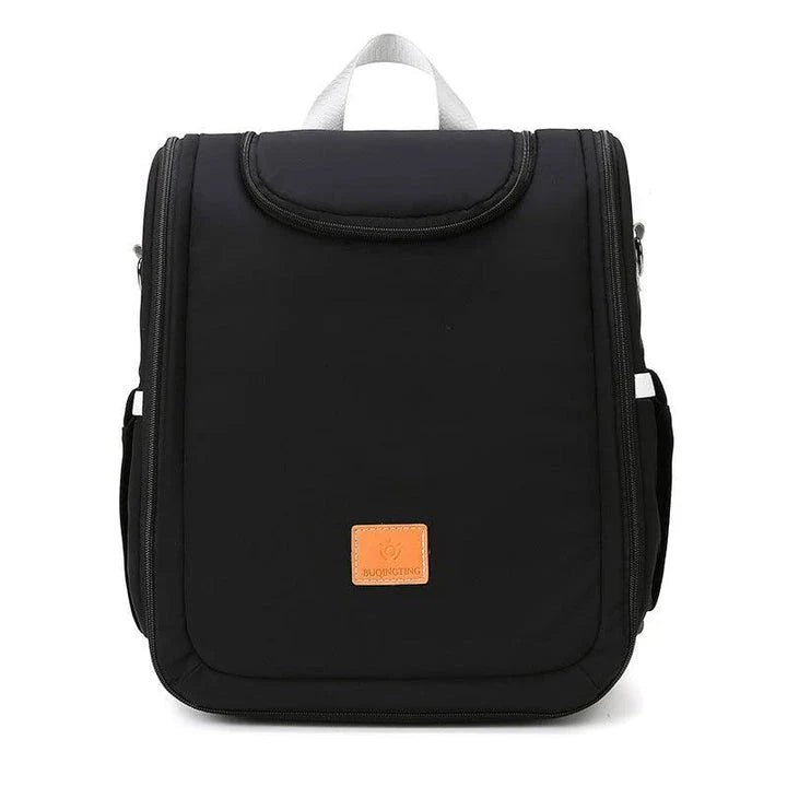 Versatile baby changing backpack with convertible crib bed, large storage capacity, and insulated feeding bottle compartment
