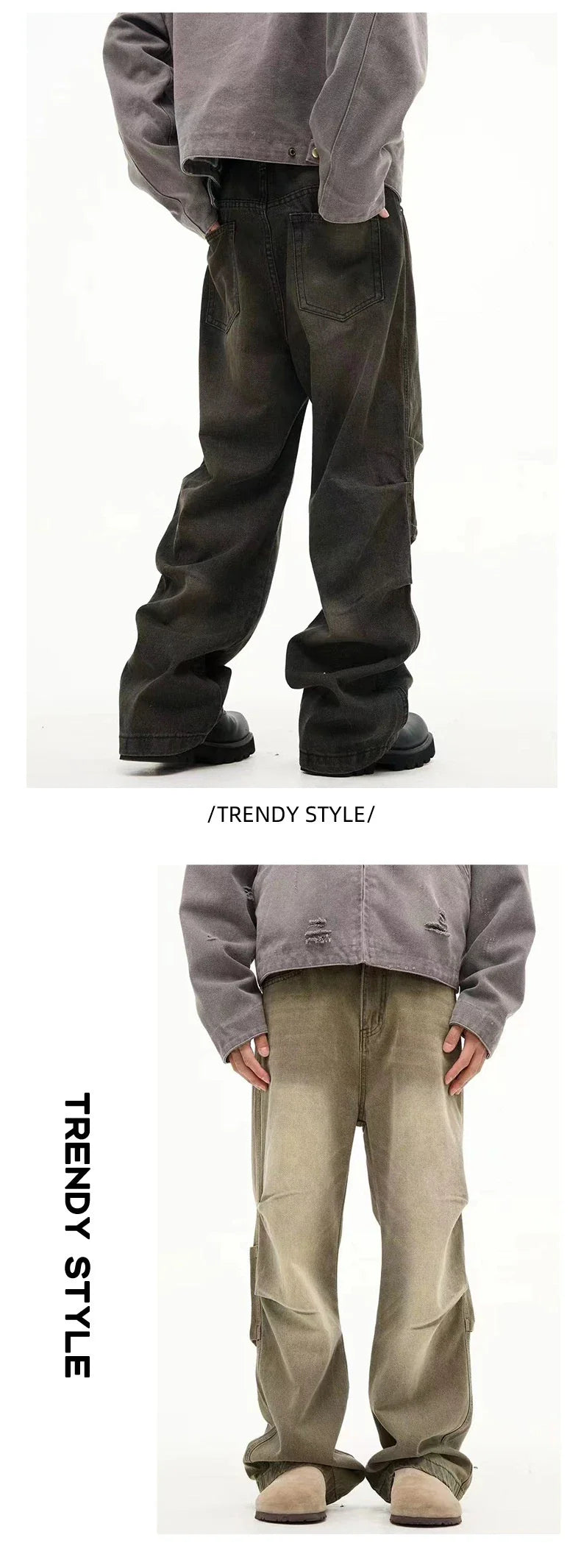 Stylish retro-inspired casual trousers with a distressed finish, available in a range of classic colours and sizes to suit the modern British consumer.