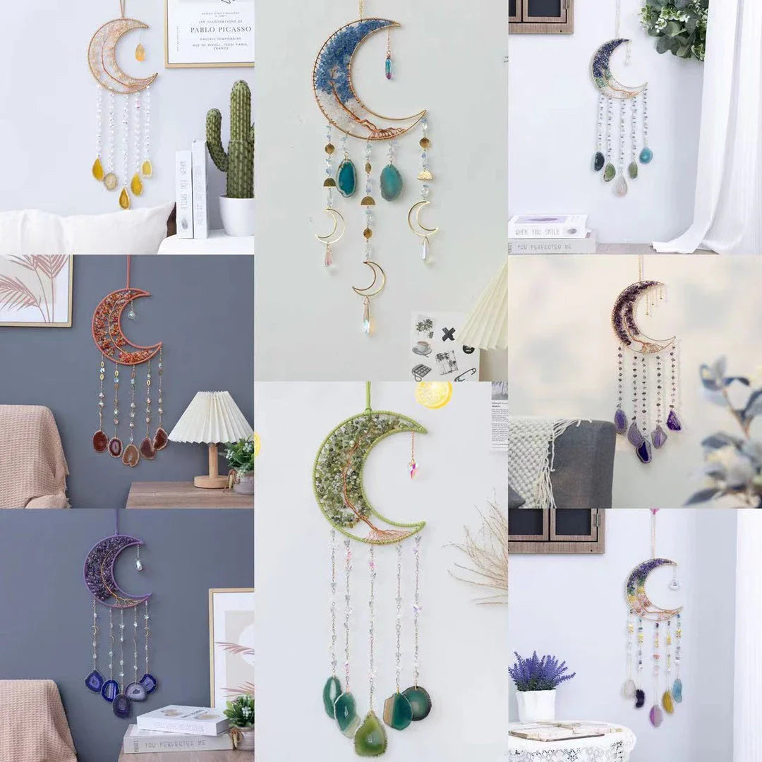 Mesmerising Moon Agate Crystal Pendant Dream Catcher with a stunning array of colourful agate crystals