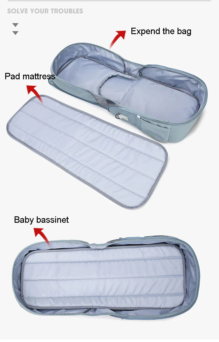 Versatile baby changing backpack with convertible crib bed, large storage capacity, and insulated feeding bottle compartment