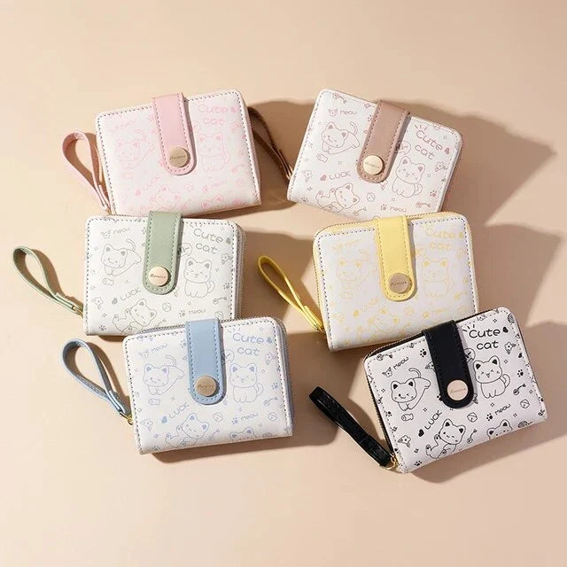 Stylish cat-themed compact wallet with zippered coin pocket, card slots, and key storage