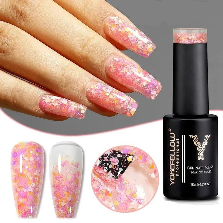 Sparkling pink gel nail polish with glitter sequins for a dazzling manicure