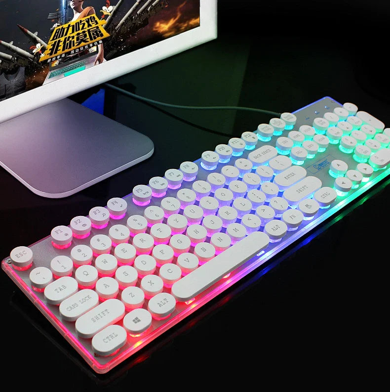 Radiant crystal-like illuminated wired keyboard and mouse combo with sleek, modern design and vibrant backlighting