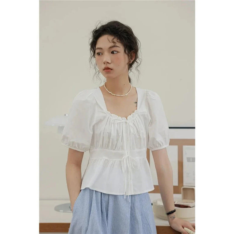 GiftHome UK Elegant Vintage Puff Sleeve Square Neck Blouse