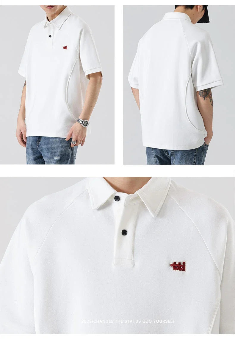 Retro Short Sleeve Men's T-shirt with Embroidered Design in Dark Brown, White, and Grey Colours