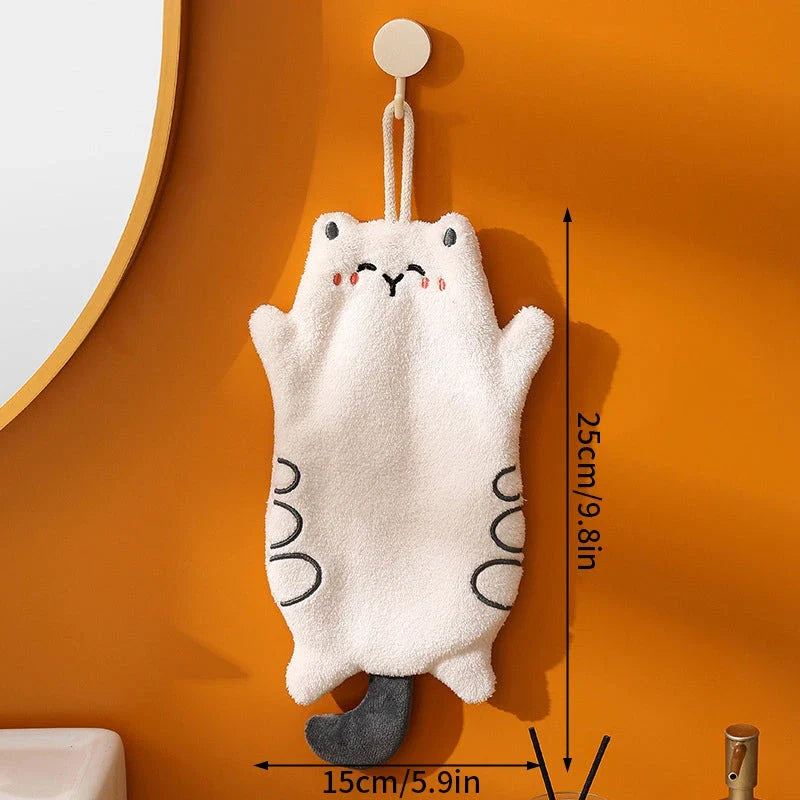 Soft, absorbent coral velvet cat-shaped hand towel with convenient hanging lanyard