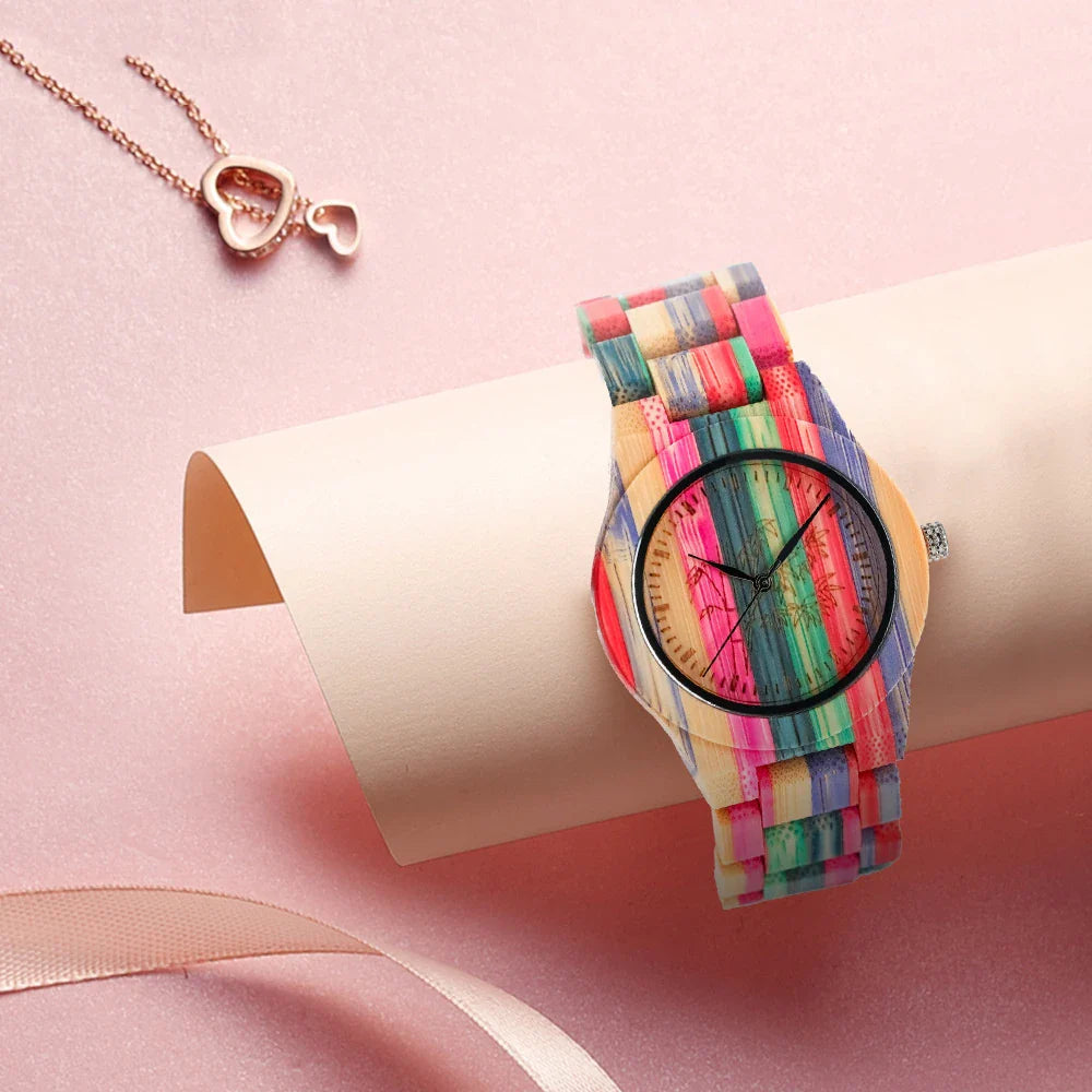 Stylish quartz watch with bamboo wood case and strap in a vibrant colourway