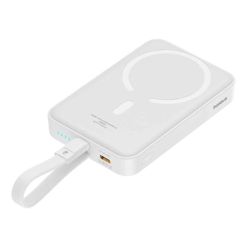 High-capacity magnetic power bank with wireless fast charging and built-in cables, providing 10,000mAh of reliable power for mobile devices.