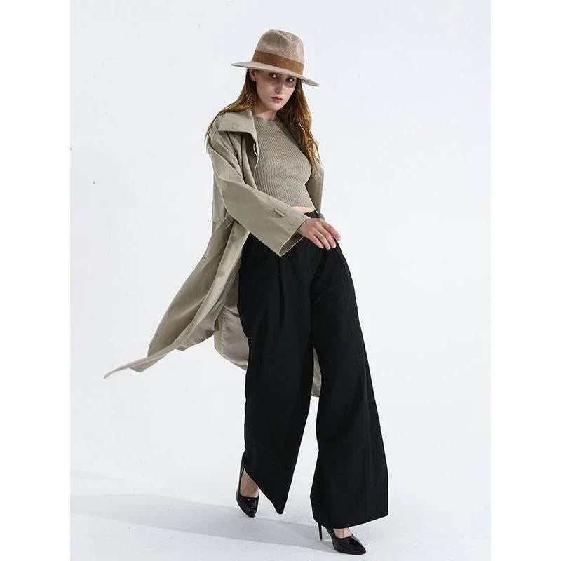 Elegant autumn long trench coat with stand collar and waist bandage in solid pattern and sleek design