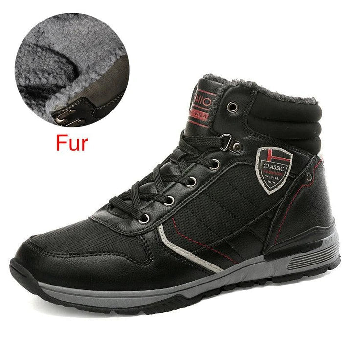 A pair of warm, comfortable men's winter boots with a plush lining and lace-up design, suitable for cold weather wear.