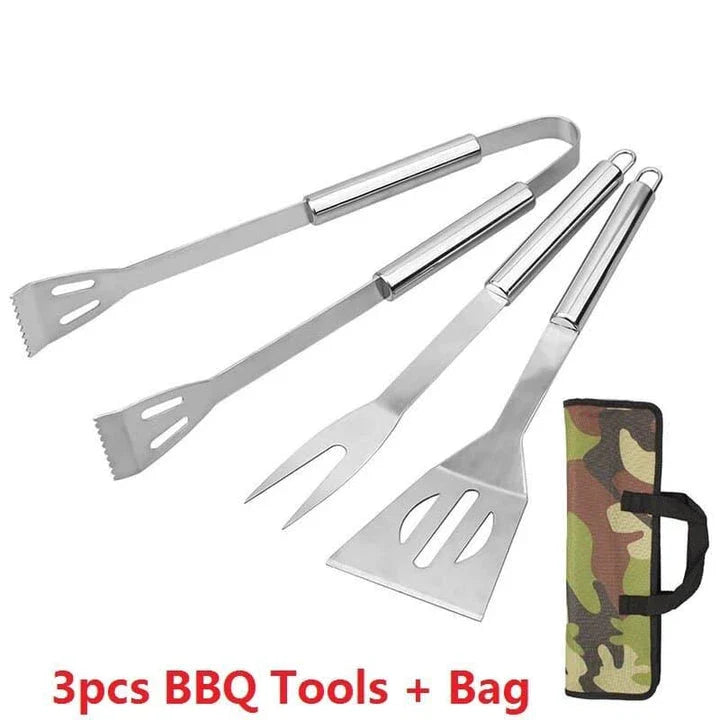 Premium Stainless Steel BBQ Tool Set with Fork, Tongs, and Shovel - Durable, Heat Resistant, and Easy to Clean