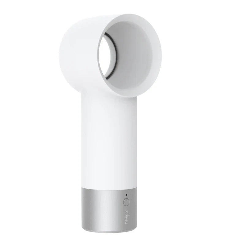 Compact, cordless, and bladeless fan with a sleek, white design and a powerful 900mAh battery for portable cooling.
