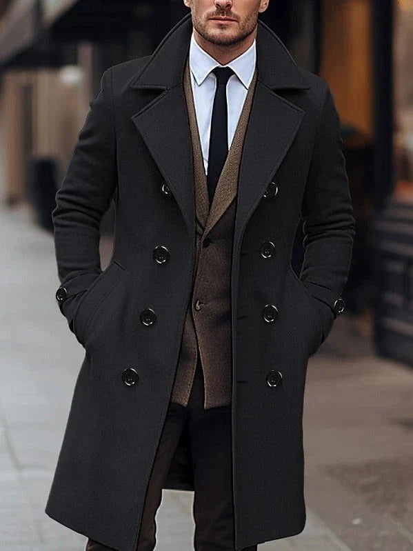 Premium double-breasted woollen men's coat in dark grey, perfect for British winters