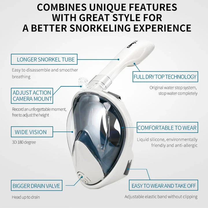 Premium full face anti-fog snorkel mask with wide 180-degree viewing and adjustable camera mount