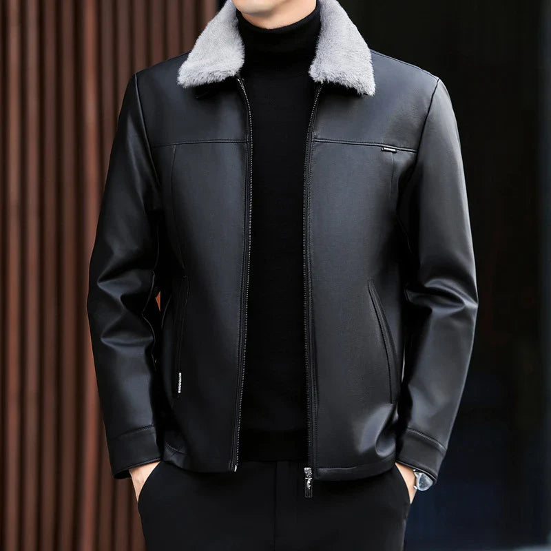 A premium leather down jacket for men, featuring a sleek and sophisticated design with warm insulation for the autumn and winter seasons.