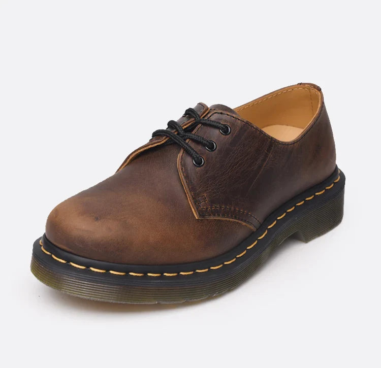 Premium crazy horse leather couple shoes with Martin-style design, PVC sole, and superfine fibre lining