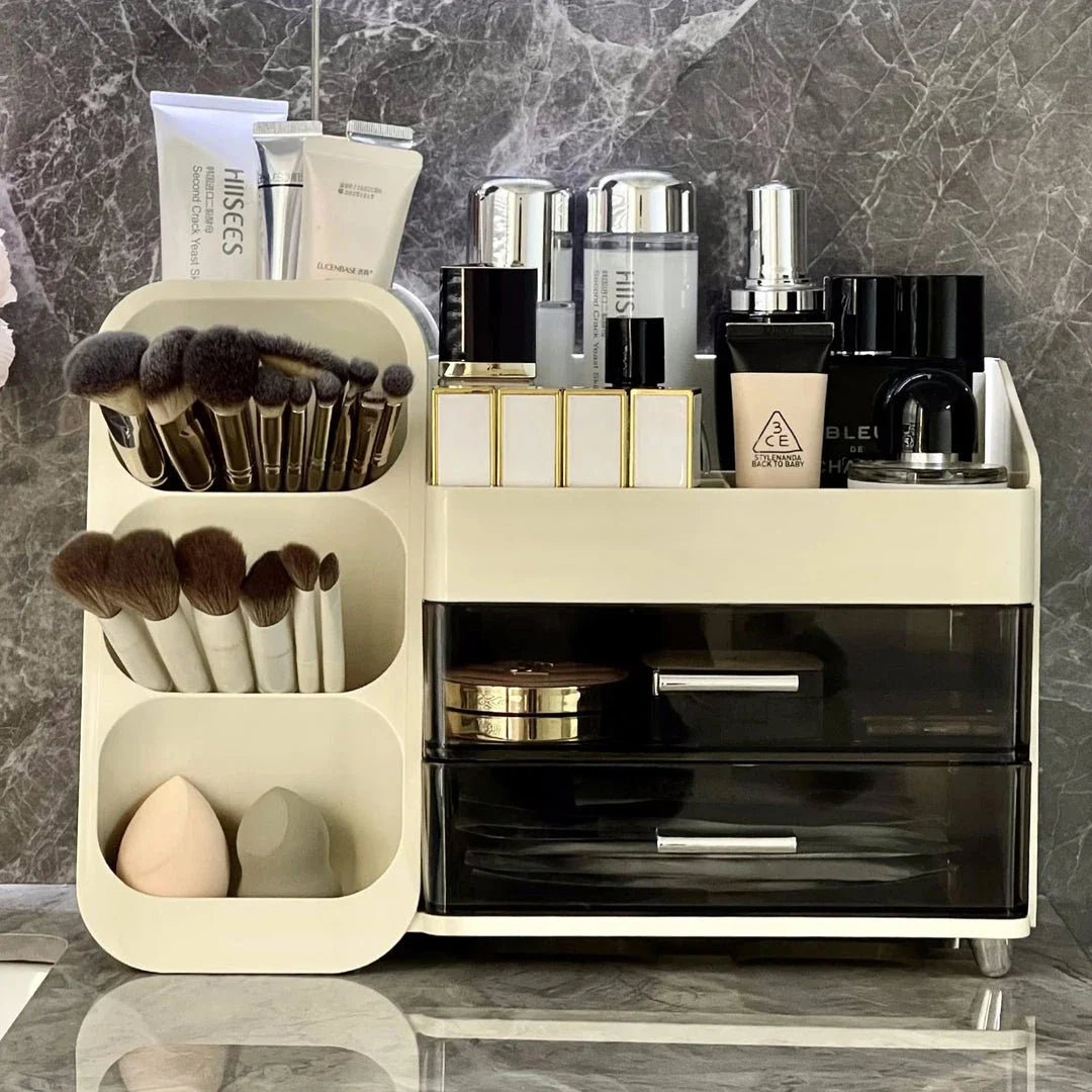 A large makeup organizer with a rotating brush holder and divided tray for storing cosmetics, skincare products, and beauty tools.