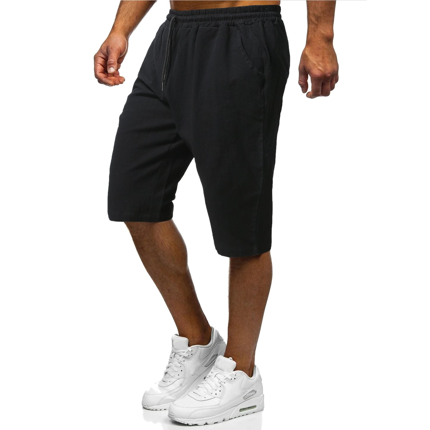 Men's casual linen-cotton cropped trousers in grey, green, and black colours with adjustable drawstring waist and straight-leg silhouette