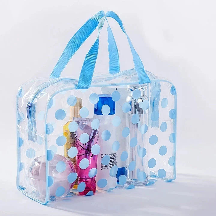 Stylish and durable PVC transparent makeup bag with fashionable dot pattern, perfect for British travellers