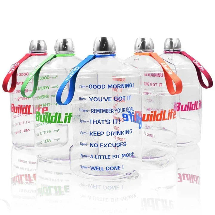 Premium customized gallon water bottle with time tracker markings, available in multiple vibrant colours