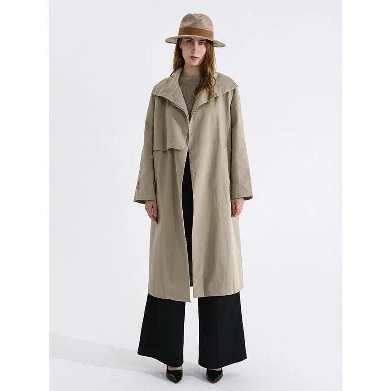 Elegant autumn long trench coat with stand collar and waist bandage in solid pattern and sleek design