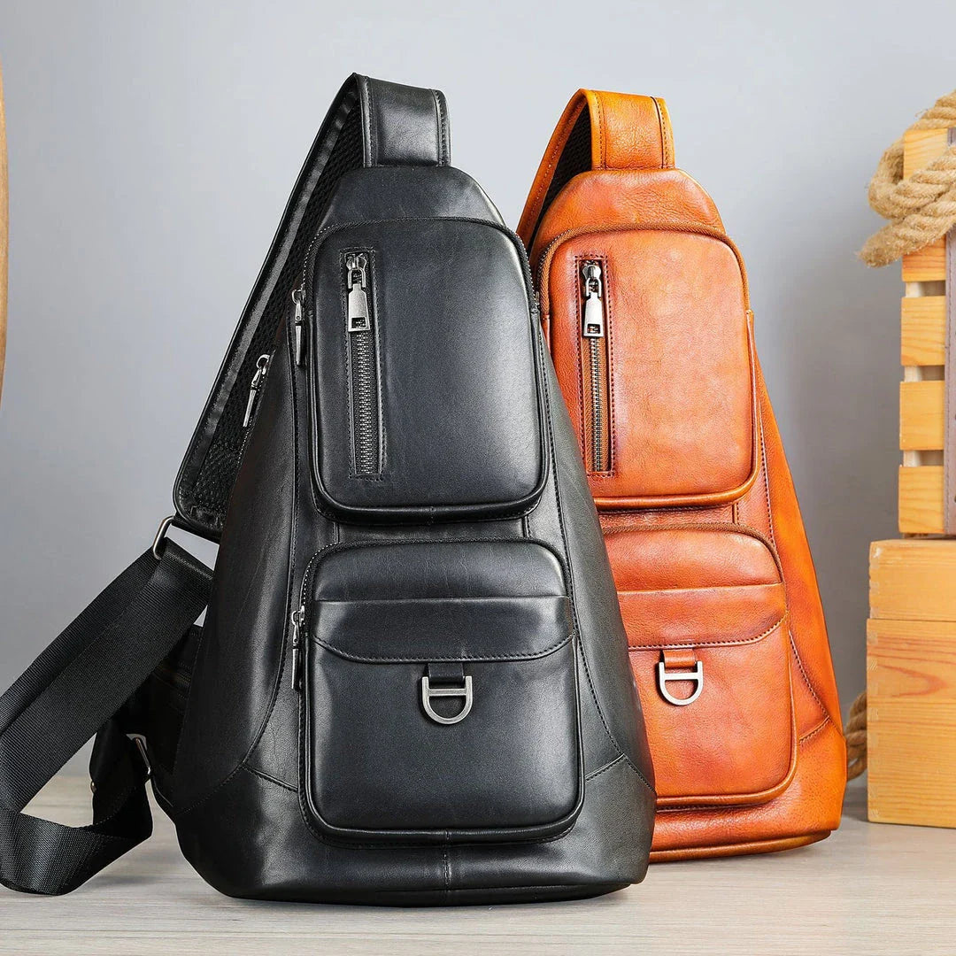 Premium cowhide messenger bag with brushed skeleton-skin design, large capacity, and adjustable shoulder strap