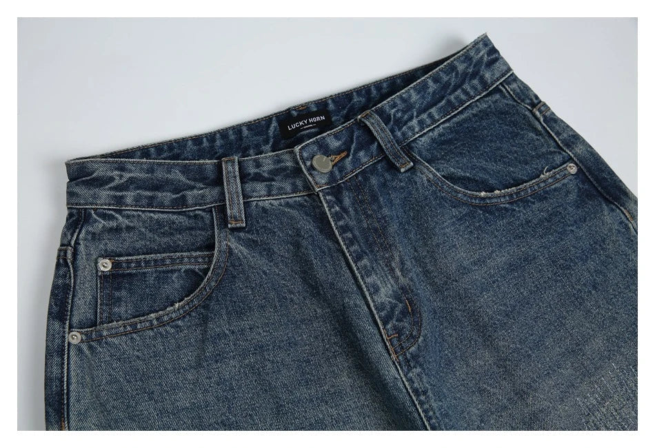 Autumn New Retro Loose Jeans in dark blue colour with straight-leg silhouette and premium cotton fabric