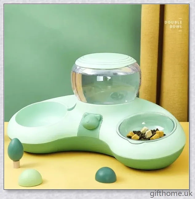 Automatic pet feeding and drinking bowl with crescent-shaped design, available in grey, powder, and green colours