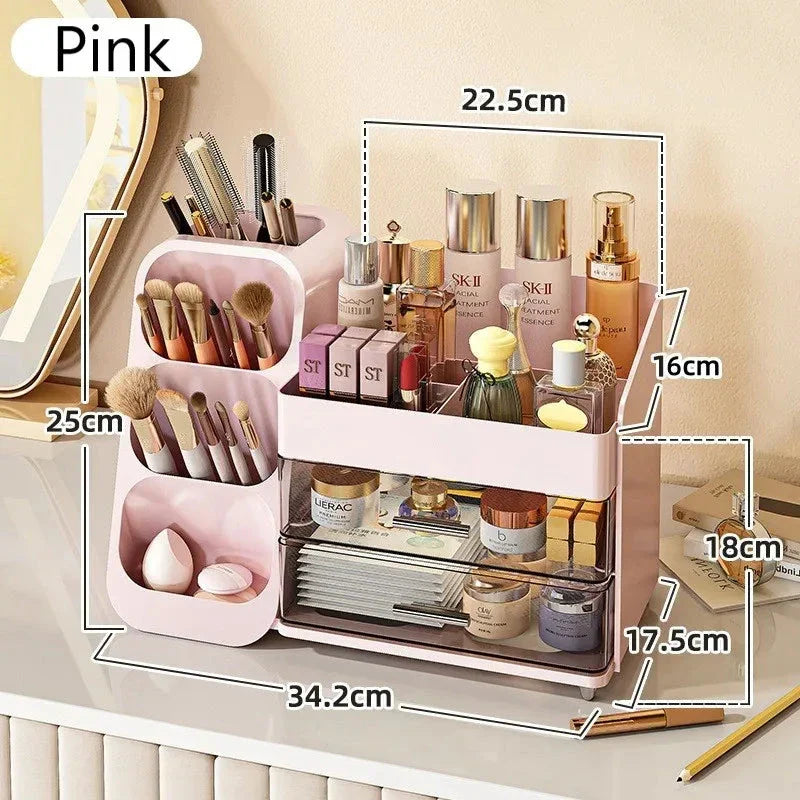 A large makeup organizer with a rotating brush holder and divided tray for storing cosmetics, skincare products, and beauty tools.