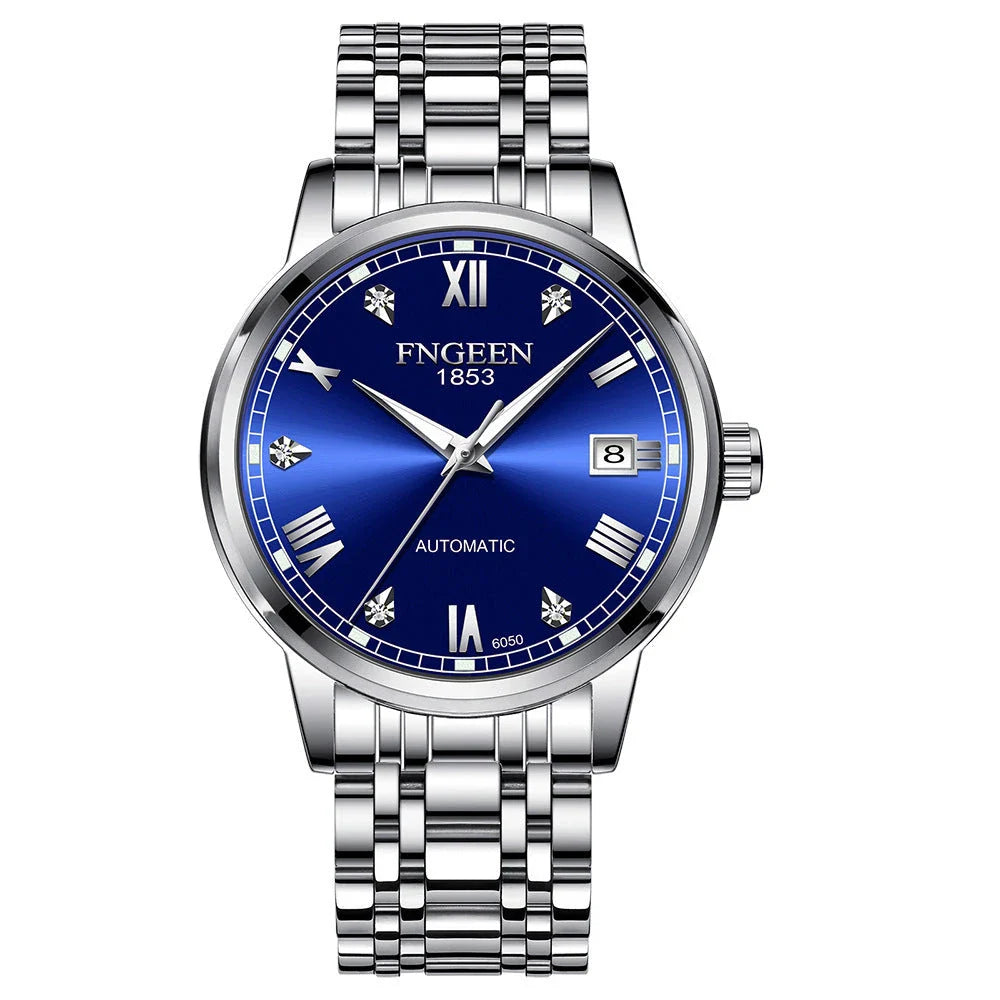 Premium automatic mechanical watch with leather strap, featuring a stainless steel case, luminous hands and markers, and a stylish British-inspired design