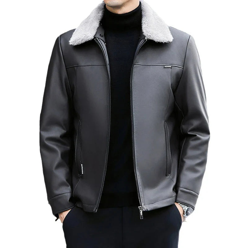 A premium leather down jacket for men, featuring a sleek and sophisticated design with warm insulation for the autumn and winter seasons.