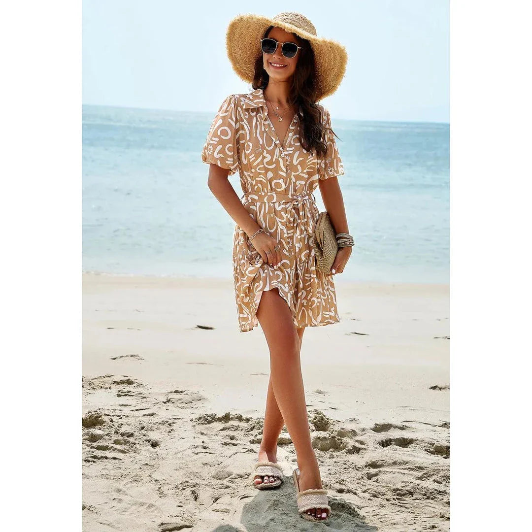 Elegant Geometric Print Mini Dress in Khaki with A-Line Silhouette and V-Neckline