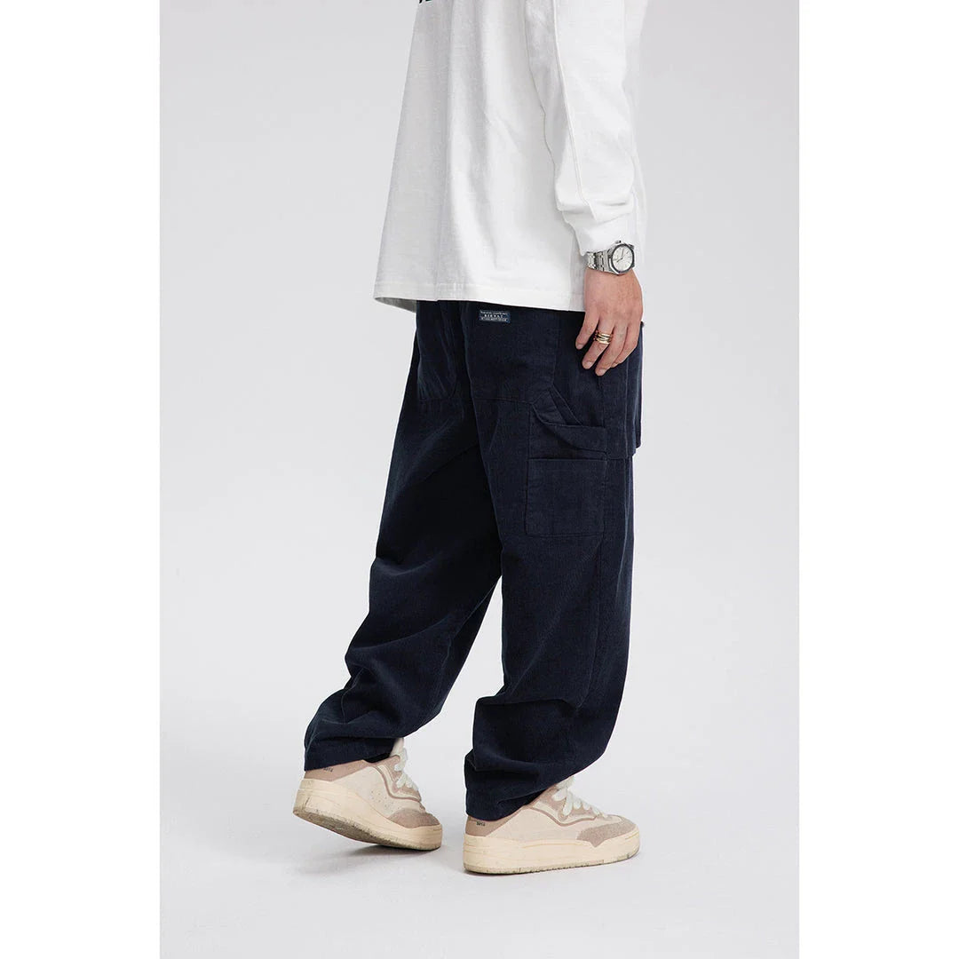 Retro corduroy straight-leg casual trousers for men in khaki and navy blue colours