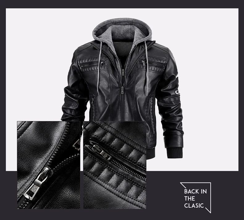 A stylish hooded PU jacket in black, designed for warm winter wear with practical features and a tailored fit.