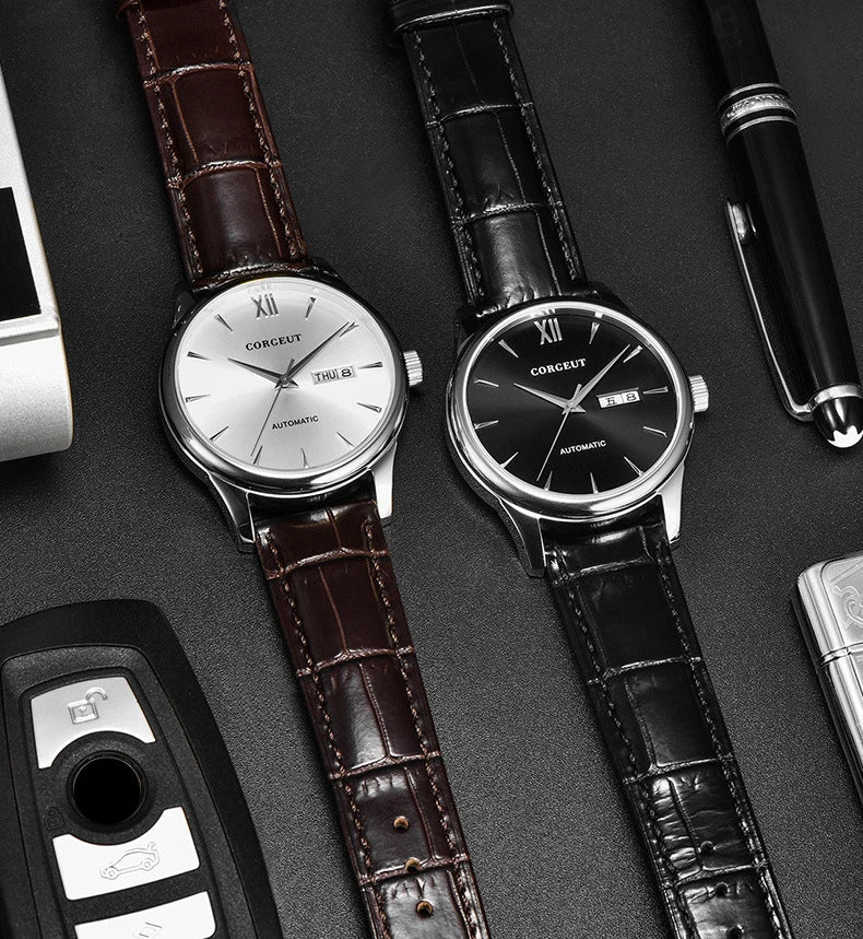 A sophisticated automatic mechanical watch with a gold/white or gold/black face, stainless steel case, and genuine leather strap