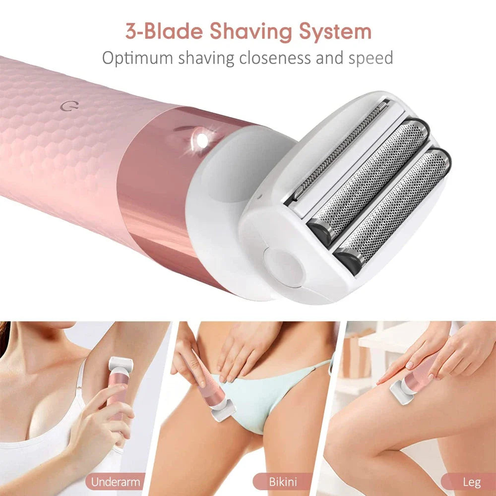 Versatile 3-in-1 Electric Shaver for Women with Floating Blades, Precision Trimmer, and Waterproof Design