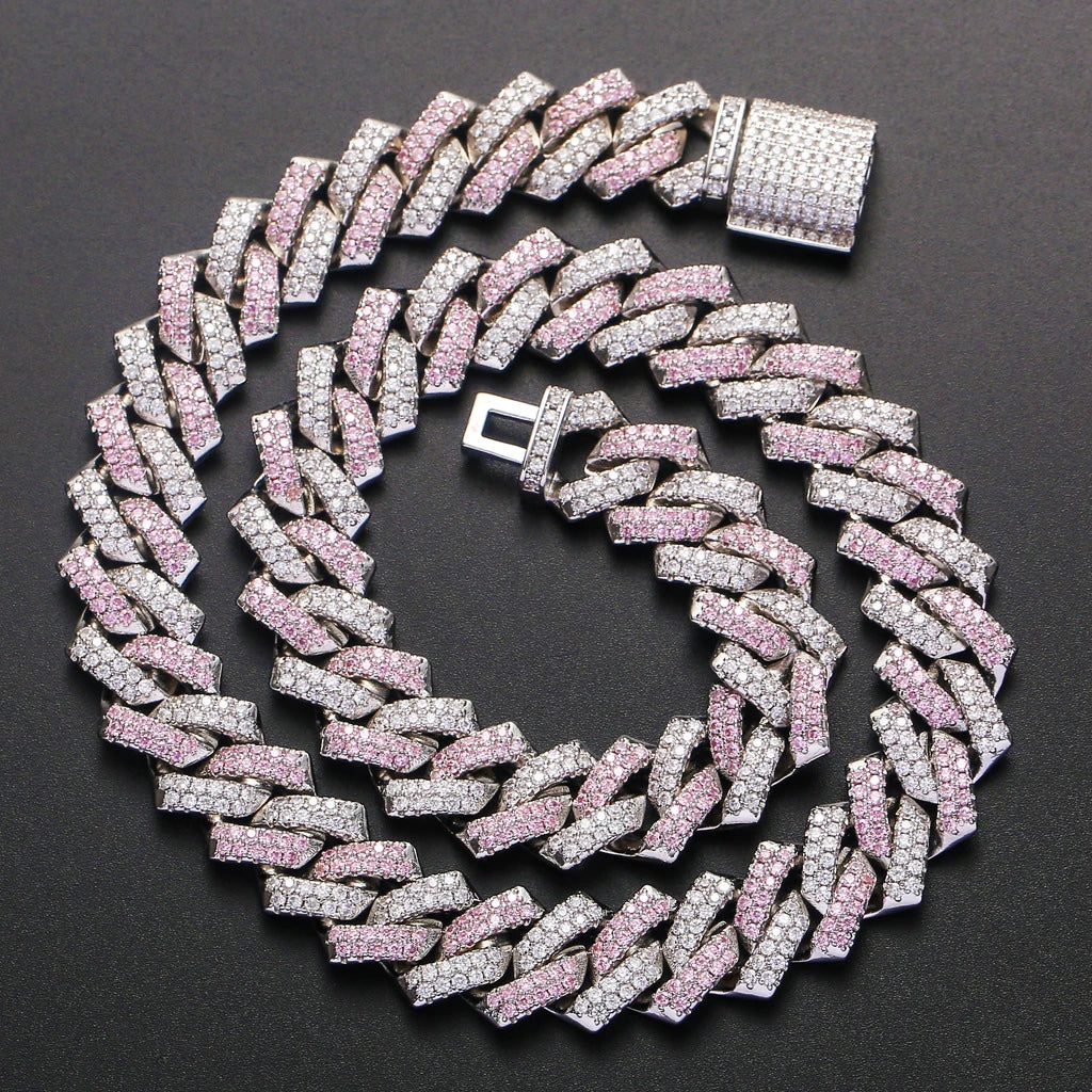 Stylish men's hip hop necklace with pink zircon stone and adjustable Cuban link chain