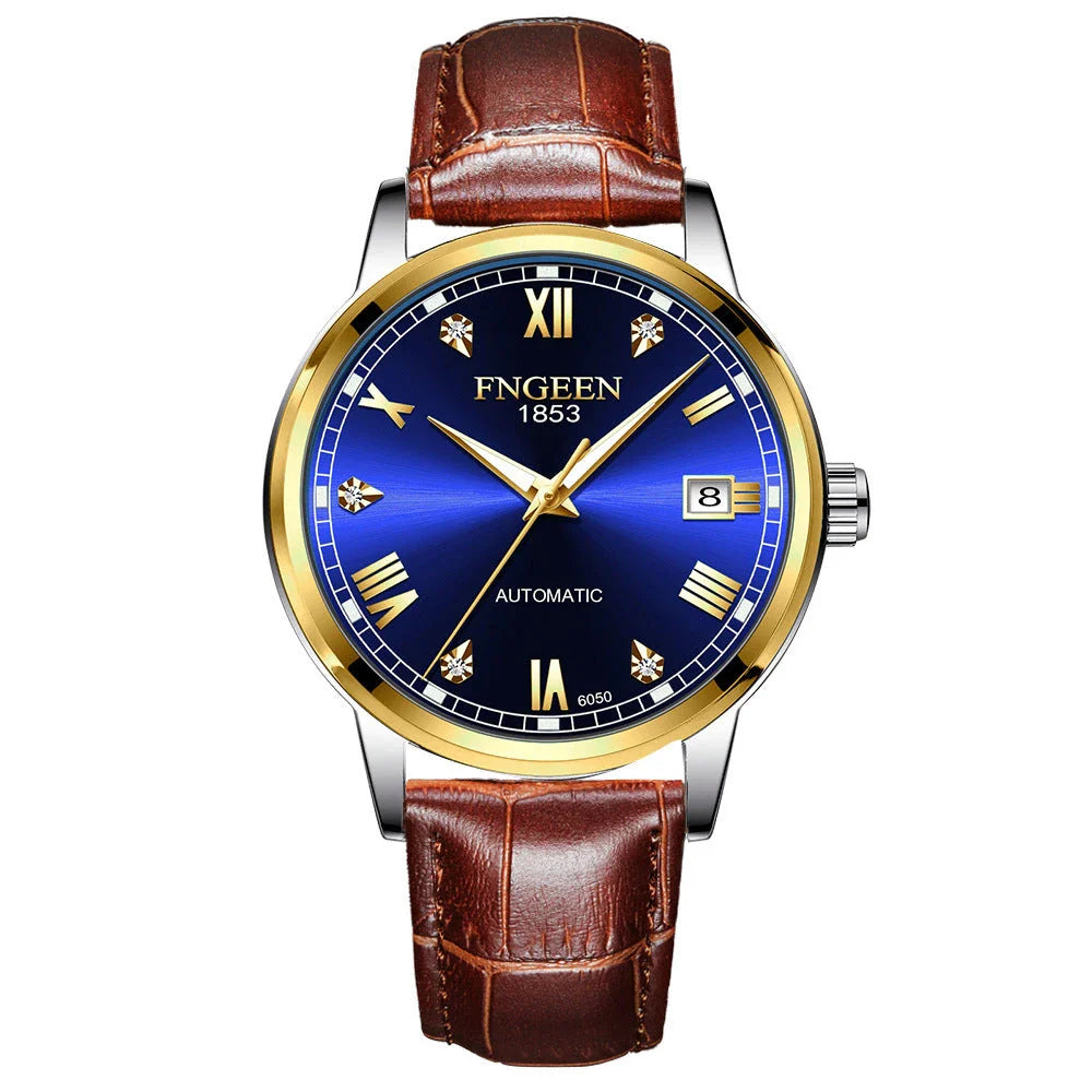 Premium automatic mechanical watch with leather strap, featuring a stainless steel case, luminous hands and markers, and a stylish British-inspired design