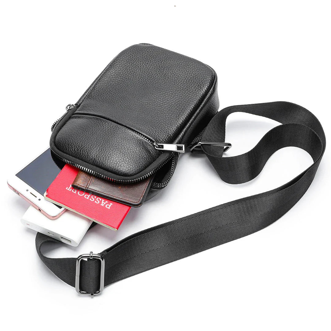 A premium genuine leather crossbody bag with an urban, minimalist design, perfect for everyday use and outdoor adventures.