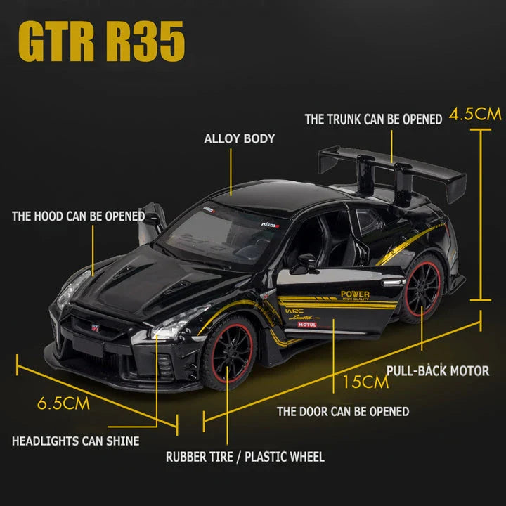 Premium 1:32 scale diecast model of the iconic Skyline R34 and R35 sports car, featuring detailed construction, interactive elements, and authentic design.