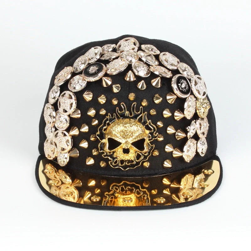 A black baseball cap with a striking skull and leopard print design, featuring adjustable snapback closure for a customized fit.