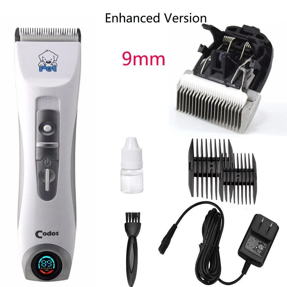 A modern, cordless electric dog grooming trimmer with an LCD display and multiple attachments for professional-quality pet grooming