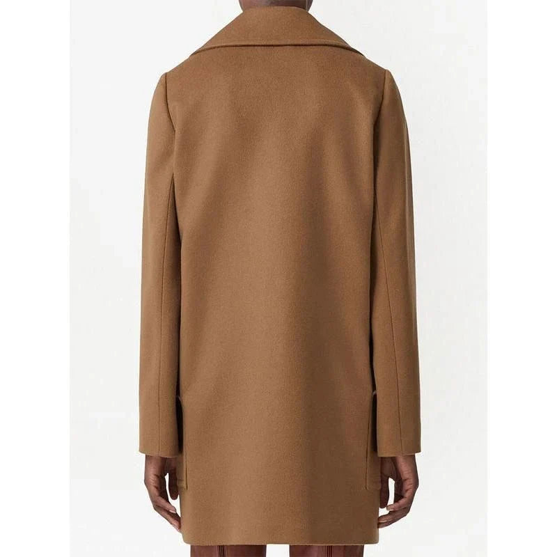 A stylish mid-length double-breasted overcoat made from a warm, durable wool and polyester blend fabric