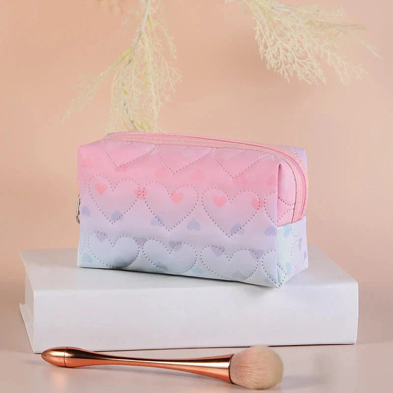 Stylish large-capacity waterproof cosmetic bag with heart pattern design, perfect for organising makeup, skincare, and travel essentials