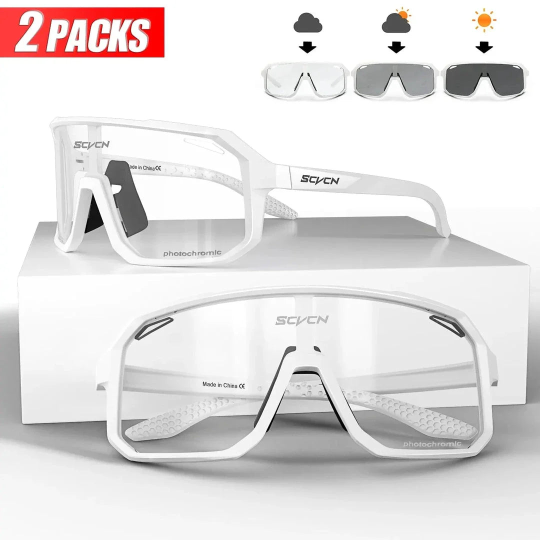 Pair of black photochromic cycling sunglasses with adjustable fit and UV400 protection