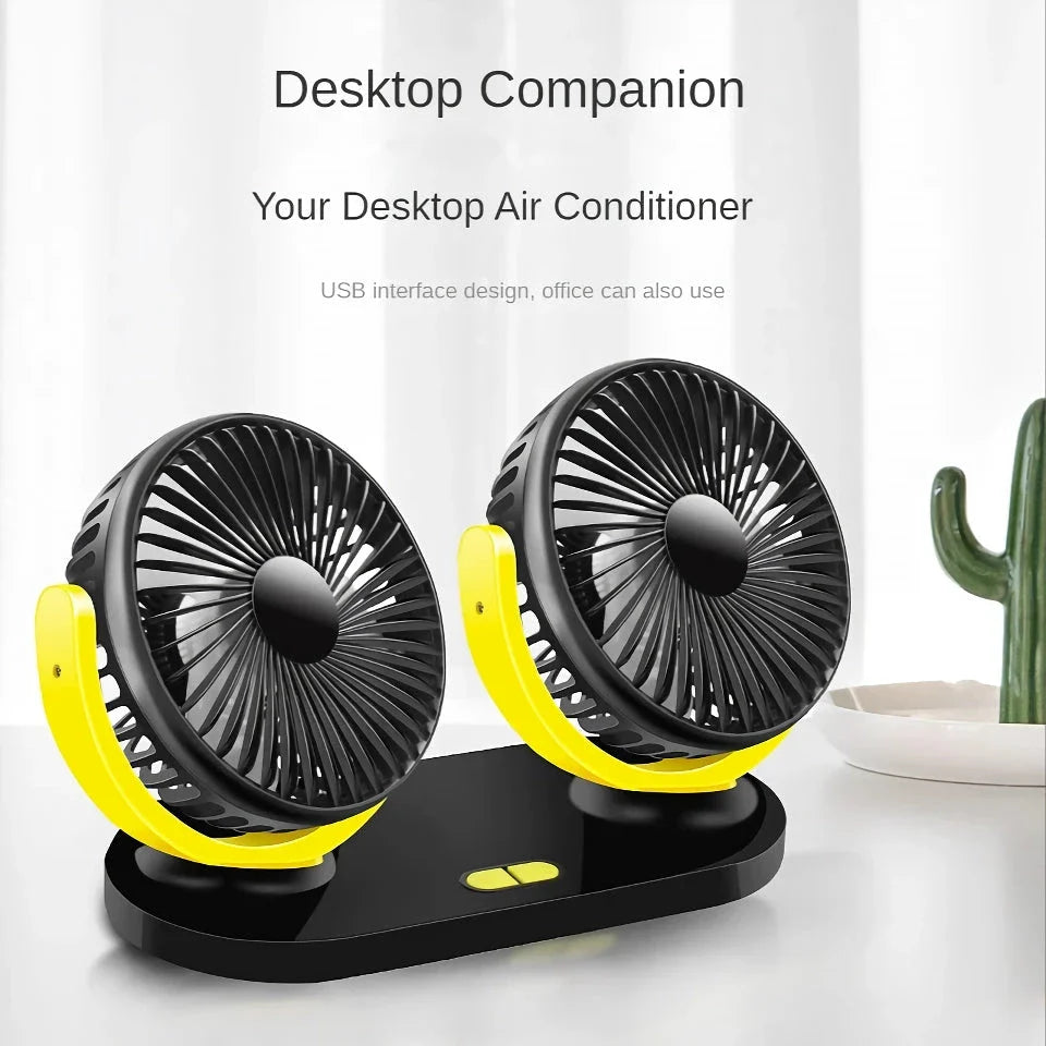 Versatile 12/24V dual-head car cooling fan with adjustable 3-speed settings for customised airflow