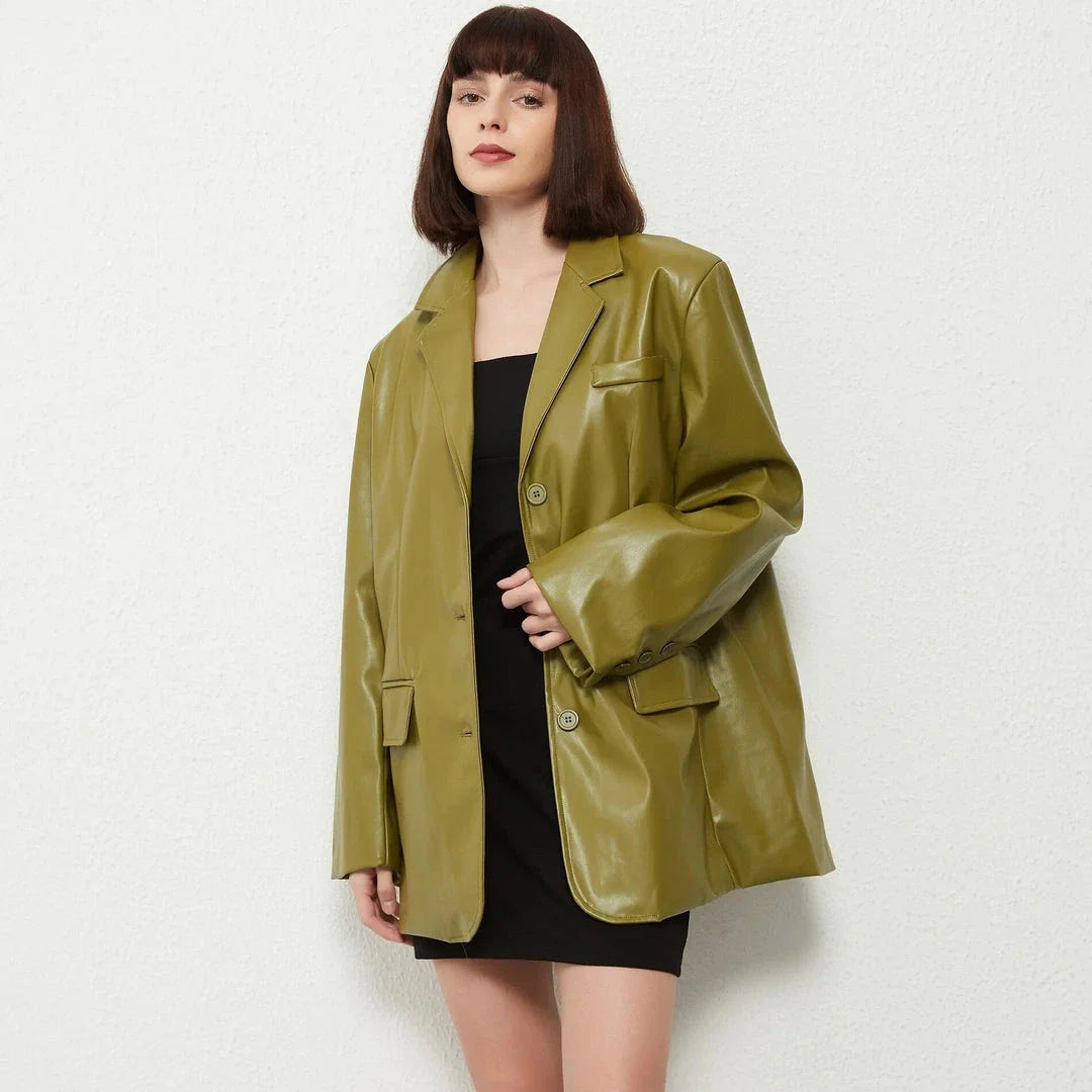 A premium vintage green single-breasted leather blazer coat, featuring a turn-down collar, regular sleeves, and a comfortable, durable polyester construction.